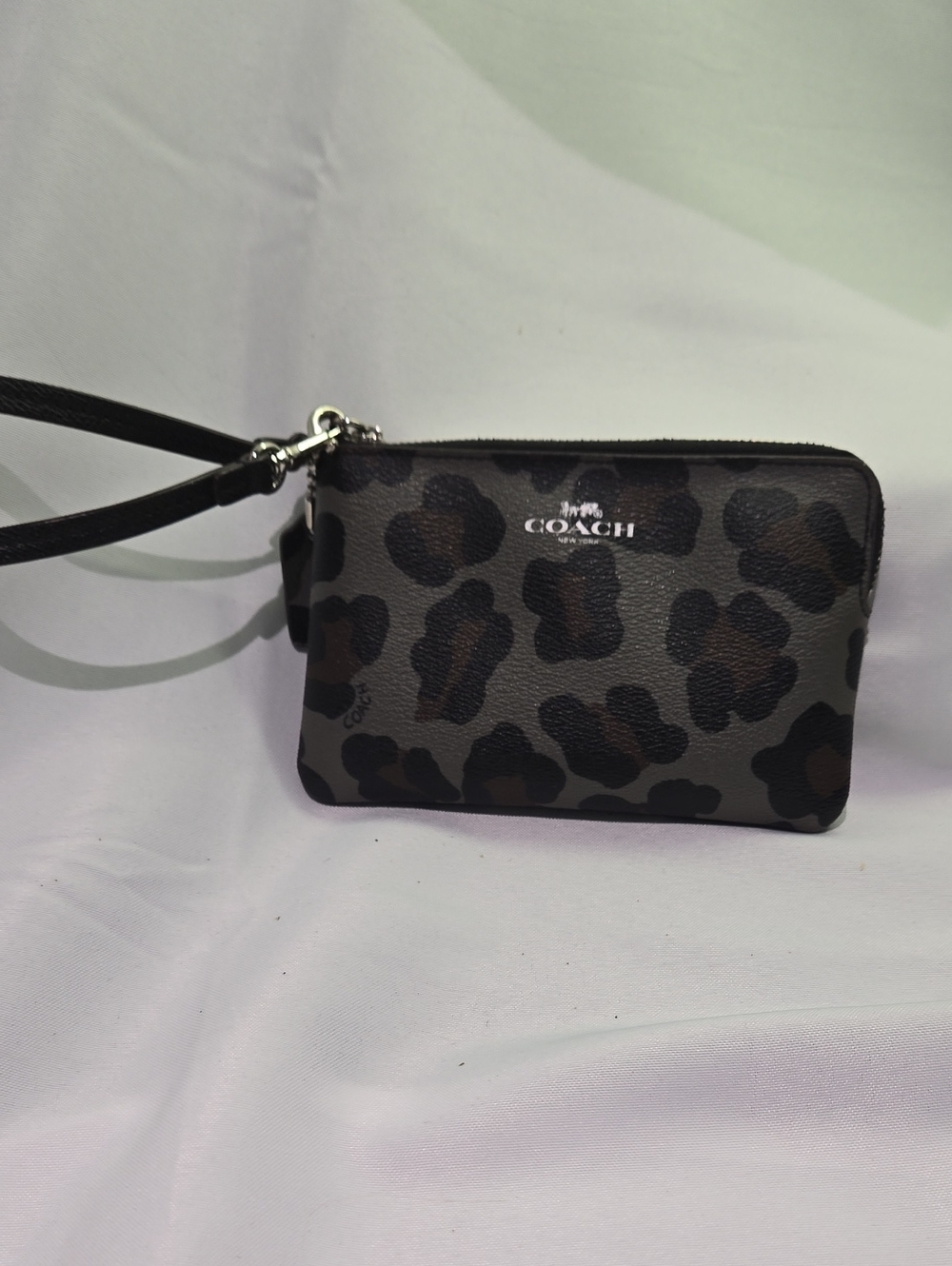 COACH Leopard Print Leather Wristlet - Gray/Brown/Black